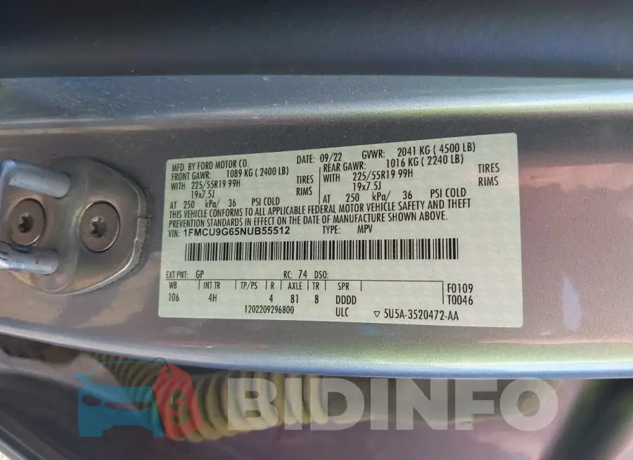 1FMCU9G65NUB55512 Photo# 9