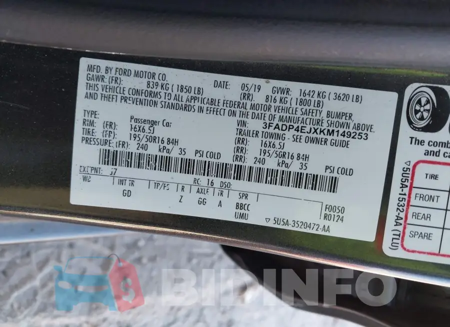 3FADP4EJXKM149253 Photo# 9