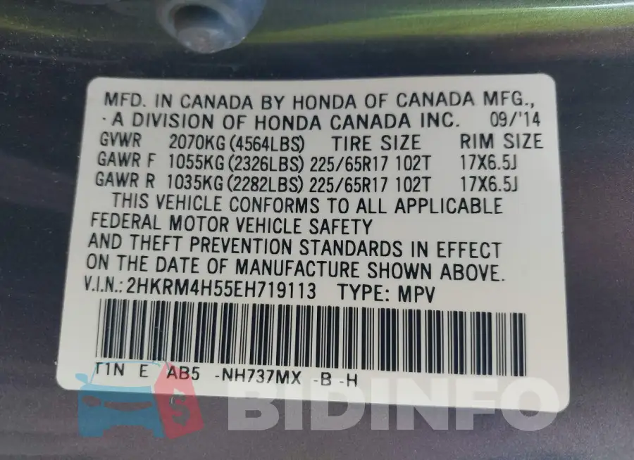 2HKRM4H55EH719113 Photo# 9