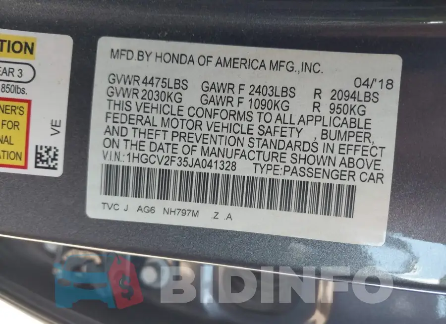1HGCV2F35JA041328 Photo# 9