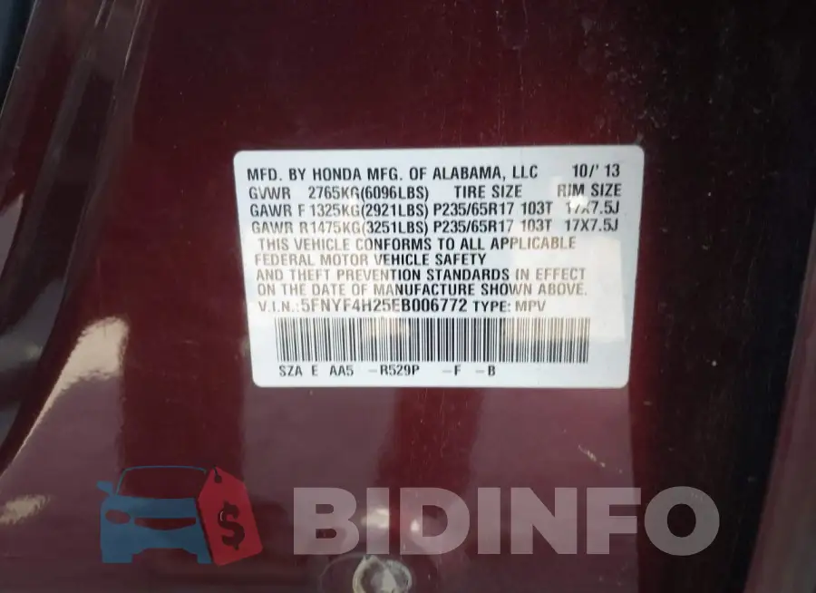 5FNYF4H25EB006772 Photo# 8