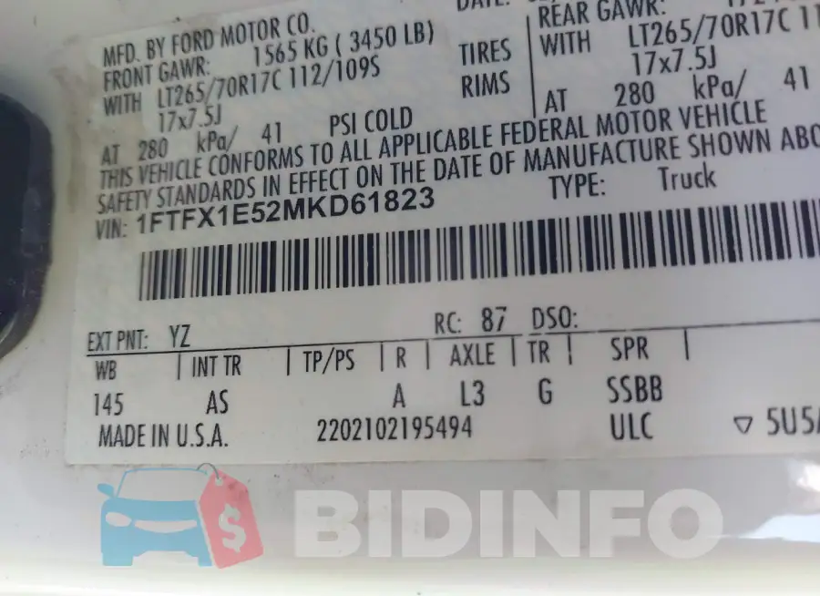 1FTFX1E52MKD61823 Photo# 9