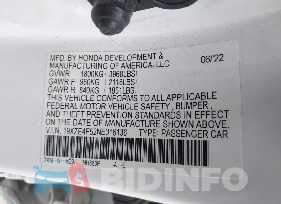 19XZE4F52NE016136 Photo# 9