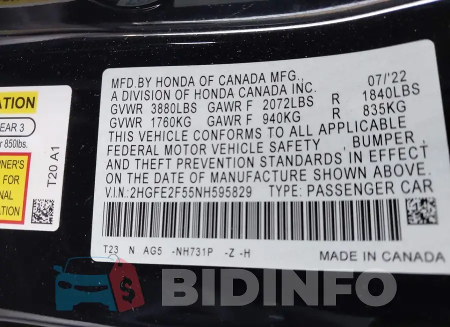 2HGFE2F55NH595829 Photo# 9