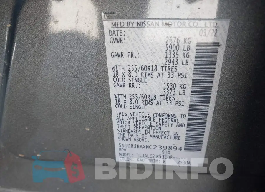 5N1DR3BAXNC239894 Photo# 9