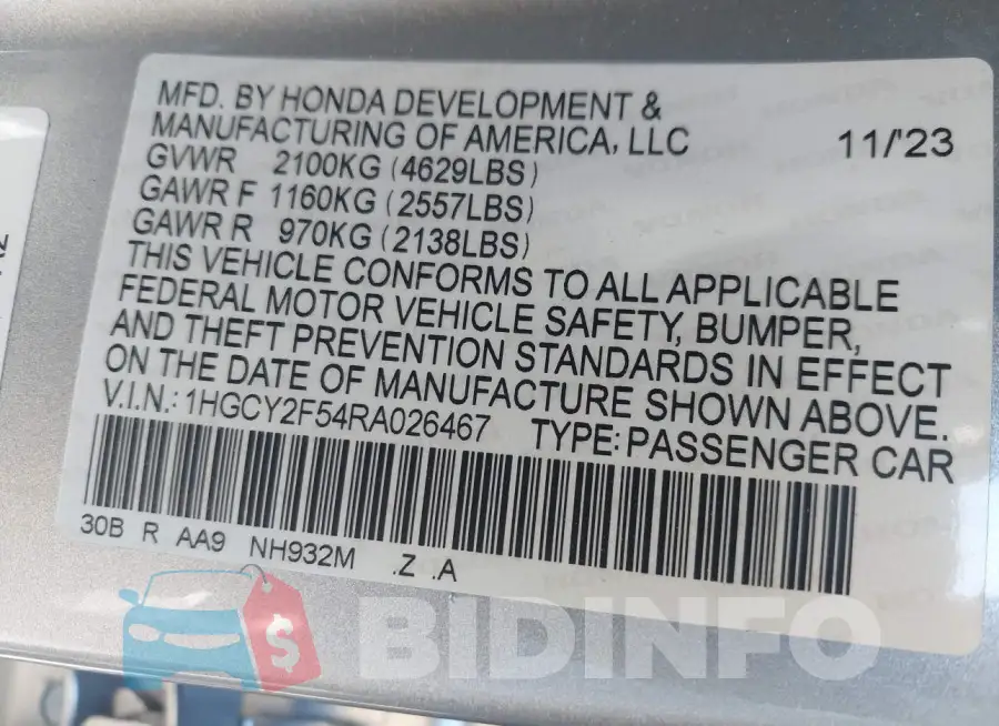1HGCY2F54RA026467 Photo# 9