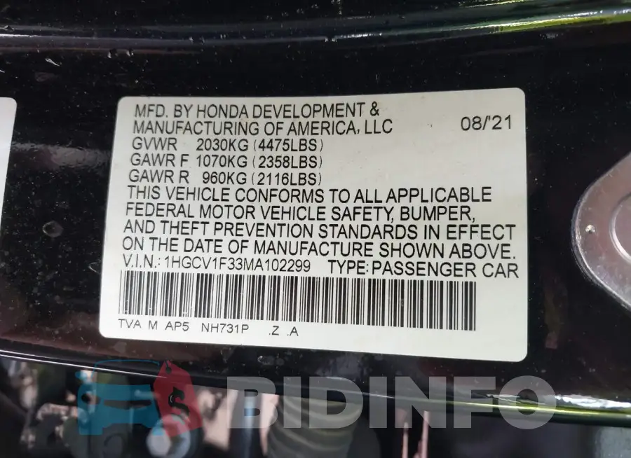1HGCV1F33MA102299 Photo# 9