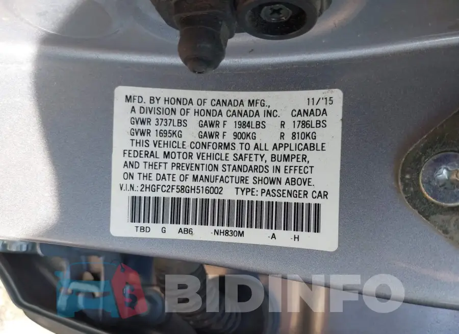 2HGFC2F58GH516002 Photo# 8
