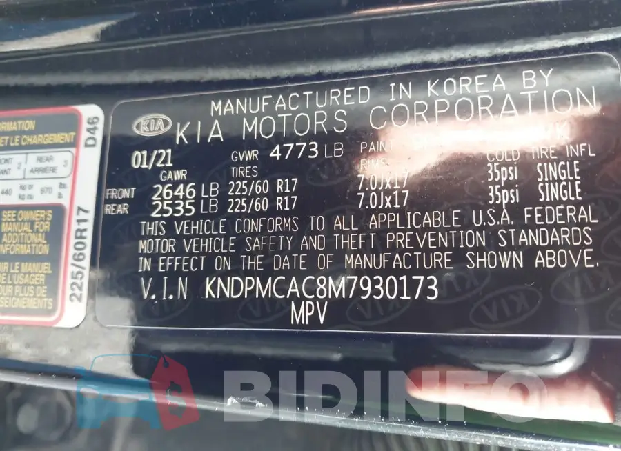 KNDPMCAC8M7930173 Photo# 9