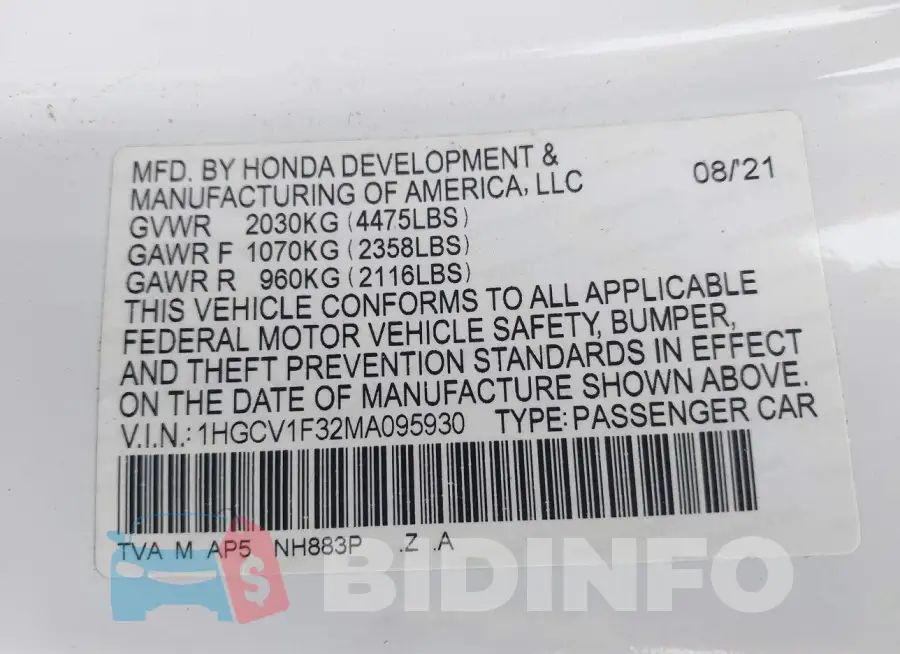 1HGCV1F32MA095930 Photo# 9