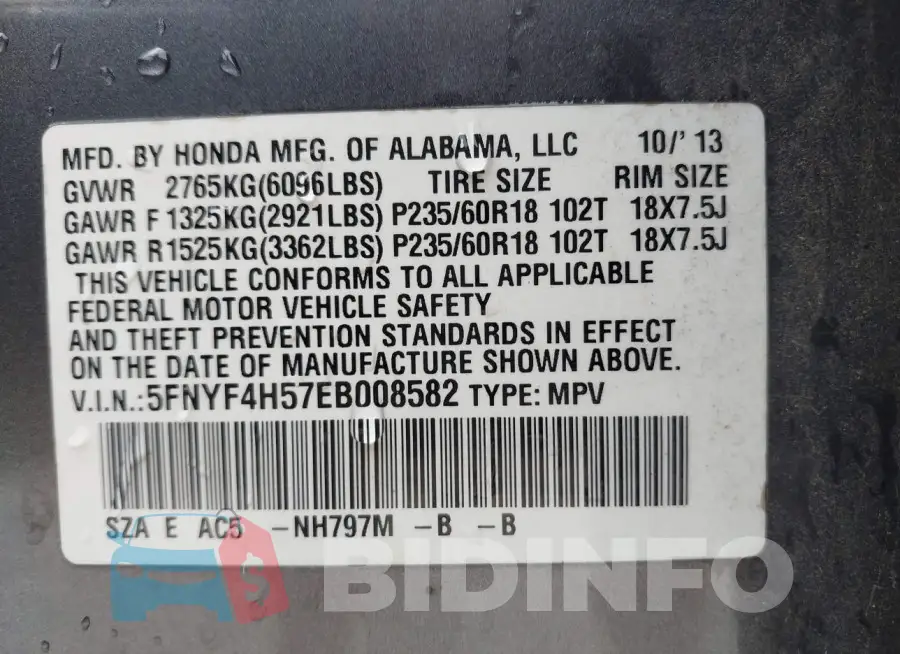 5FNYF4H57EB008582 Photo# 9