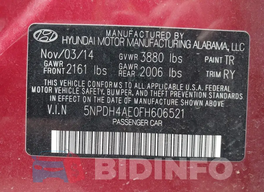 5NPDH4AE0FH606521 Photo# 9