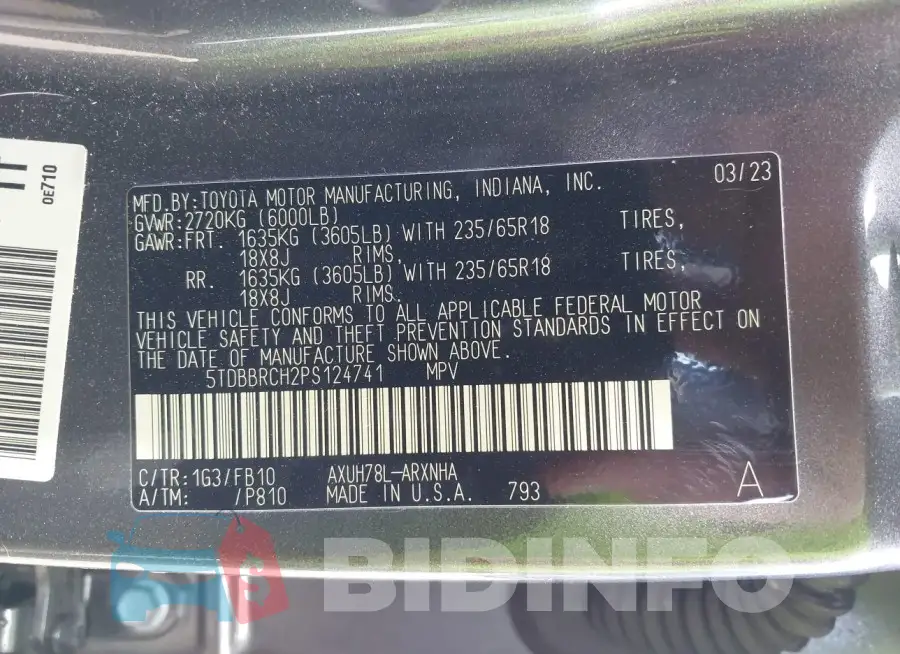 5TDBBRCH2PS124741 Photo# 9