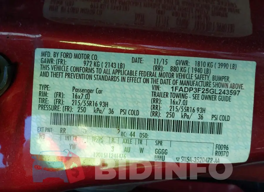 1FADP3F25GL243597 Photo# 9