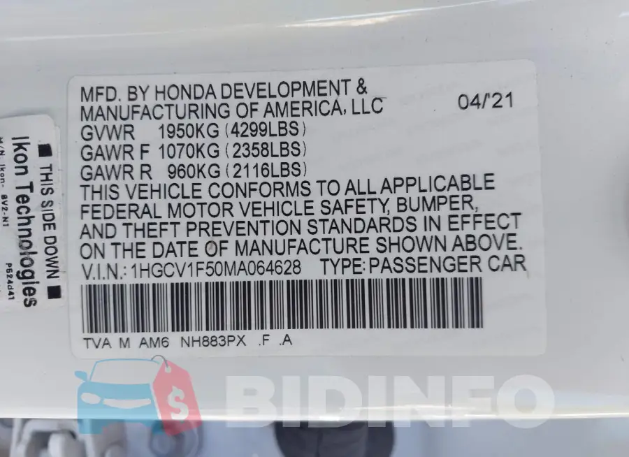 1HGCV1F50MA064628 Photo# 9