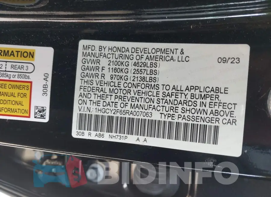 1HGCY2F65RA007063 Photo# 9