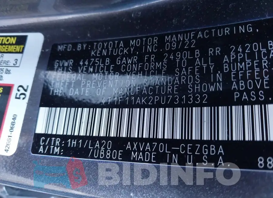 4T1F11AK2PU731332 Photo# 9