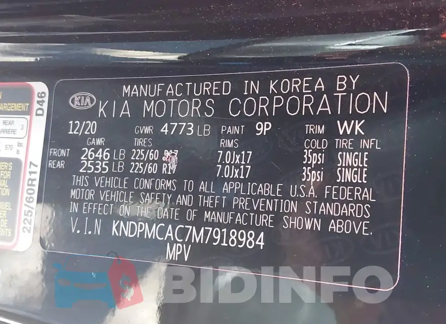 KNDPMCAC7M7918984 Photo# 9