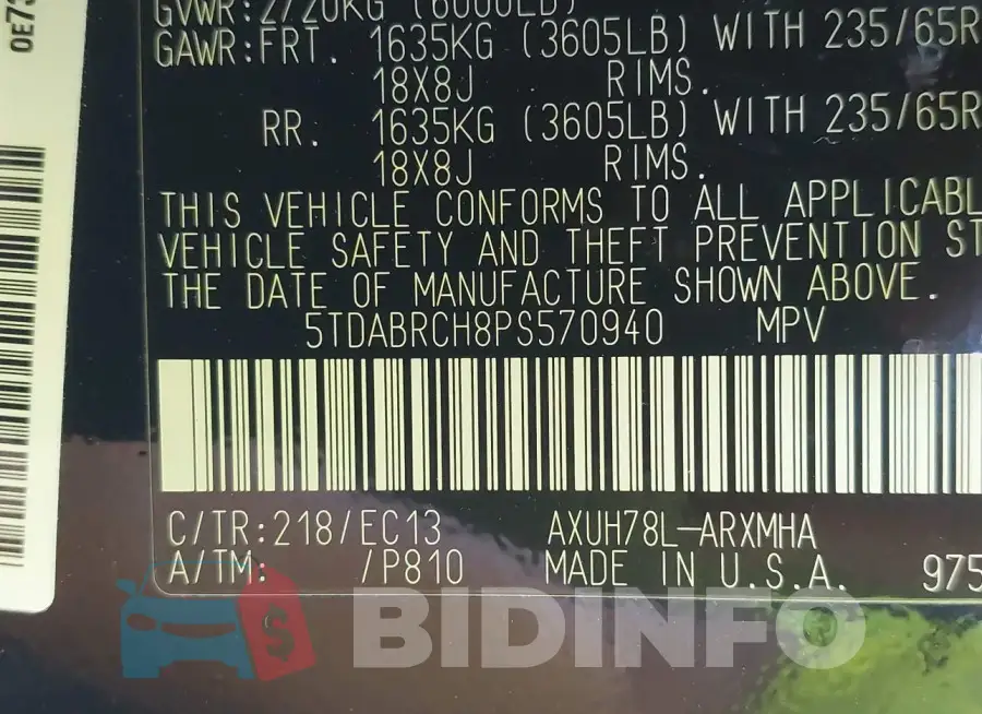 5TDABRCH8PS570940 Photo# 9
