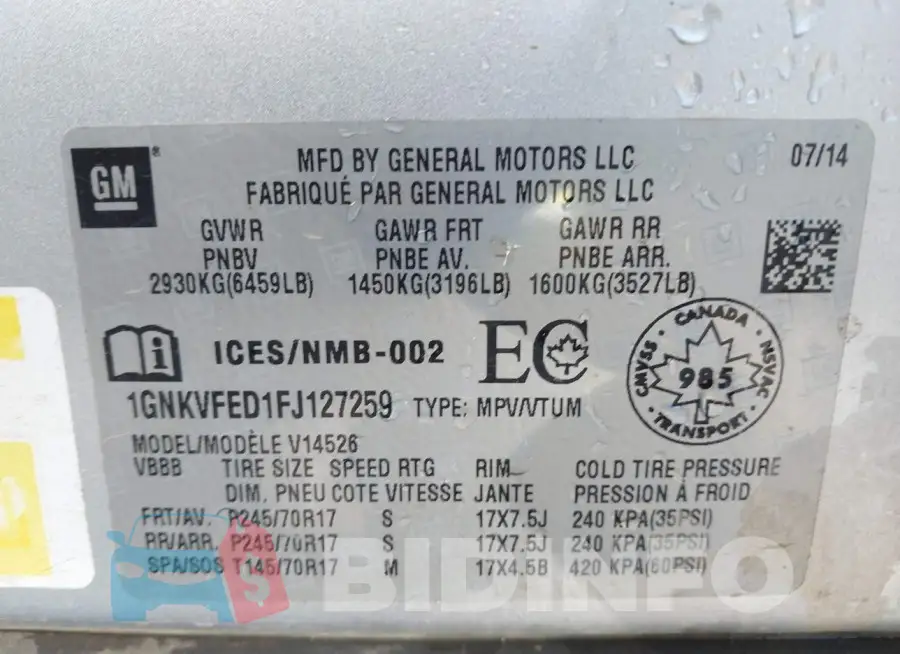 1GNKVFED1FJ127259 Photo# 9