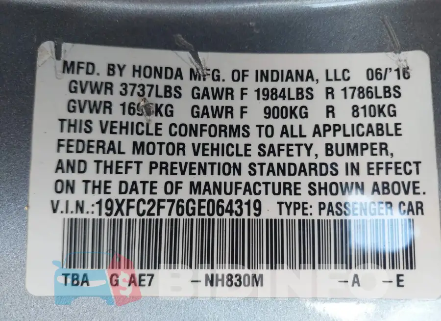 19XFC2F76GE064319 Photo# 9