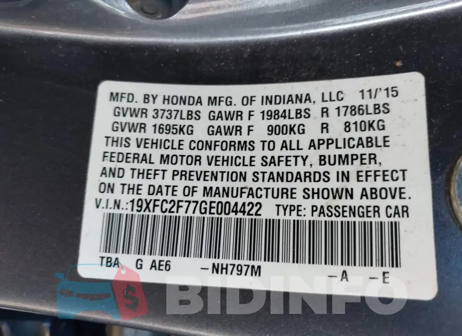 19XFC2F77GE004422 Photo# 9
