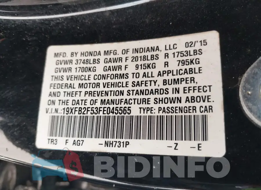 19XFB2F53FE045565 Photo# 9