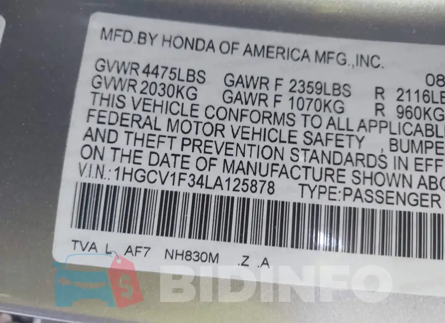 1HGCV1F34LA125878 Photo# 9