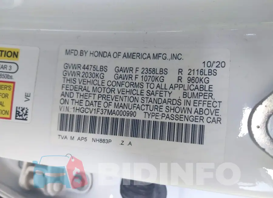 1HGCV1F37MA000990 Photo# 9