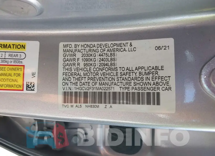 1HGCV2F31MA022571 Photo# 9