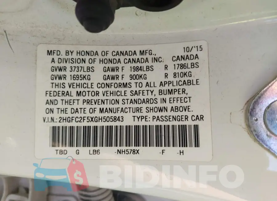 2HGFC2F5XGH505843 Photo# 9
