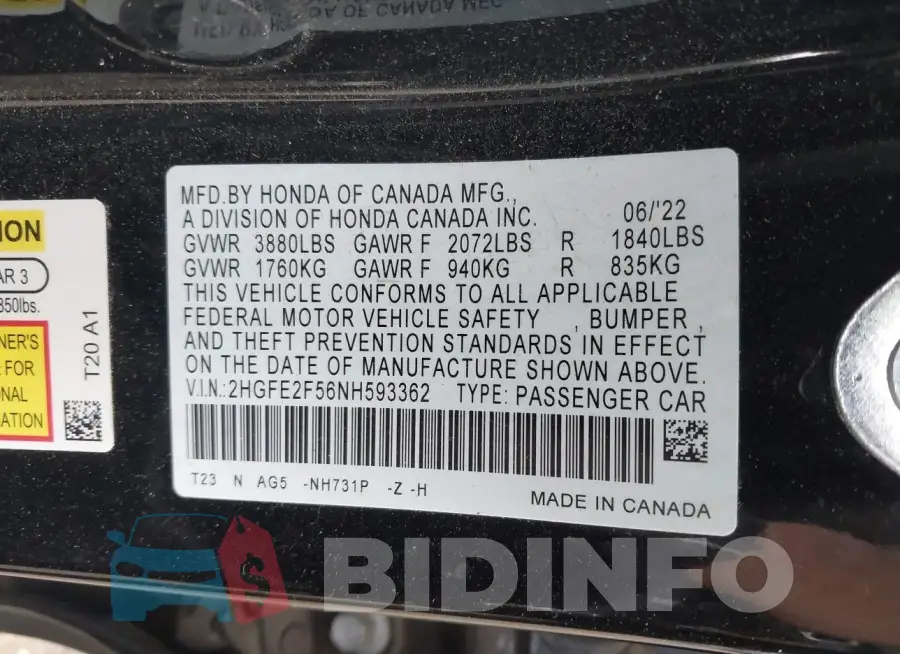 2HGFE2F56NH593362 Photo# 9