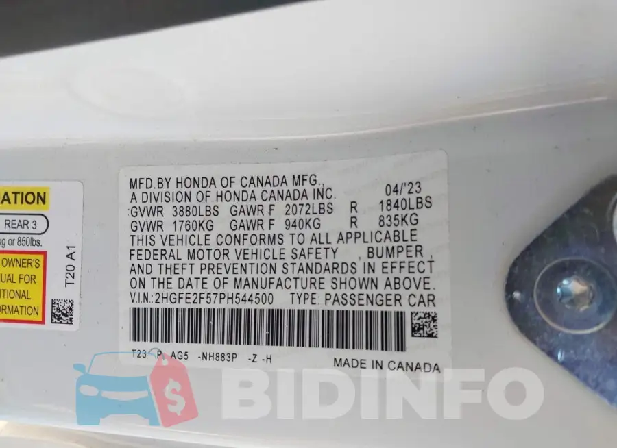 2HGFE2F57PH544500 Photo# 8