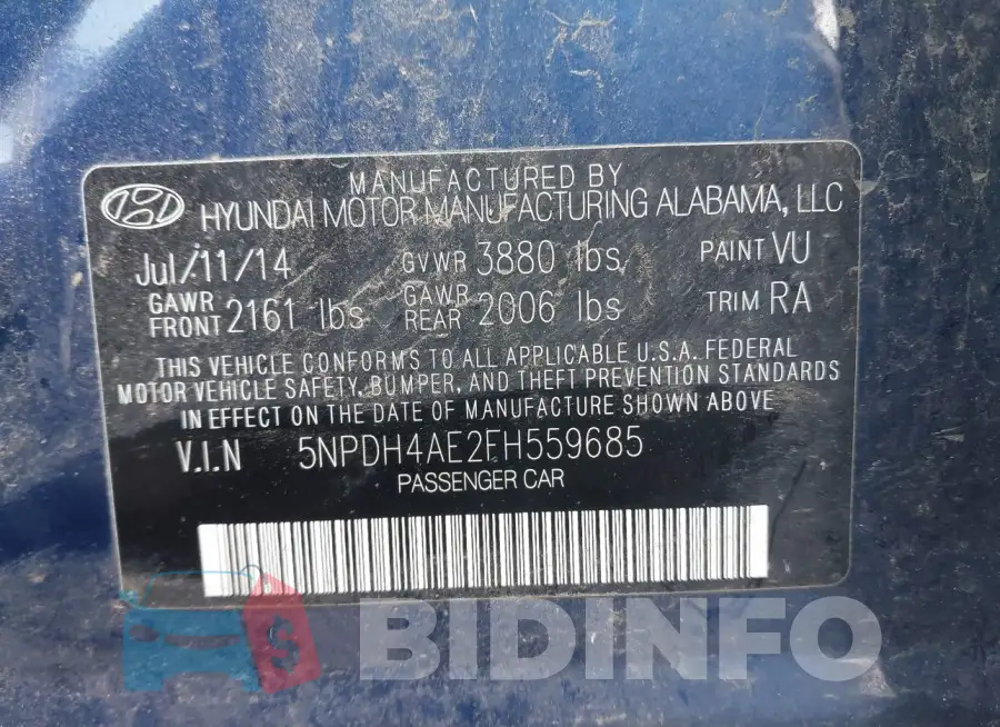 5NPDH4AE2FH559685 Photo# 9