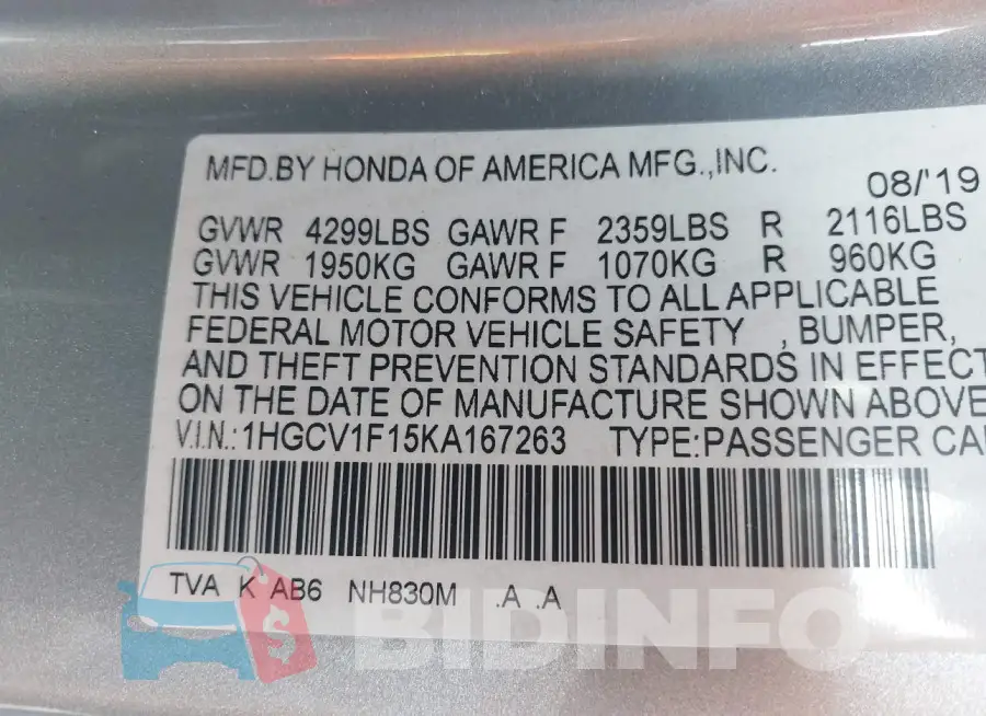 1HGCV1F15KA167263 Photo# 9