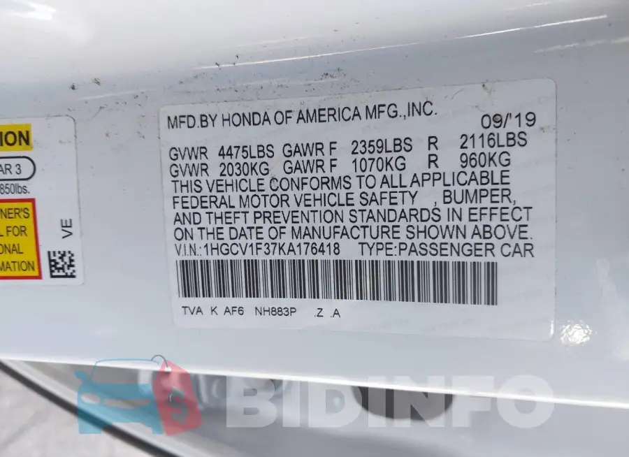 1HGCV1F37KA176418 Photo# 9