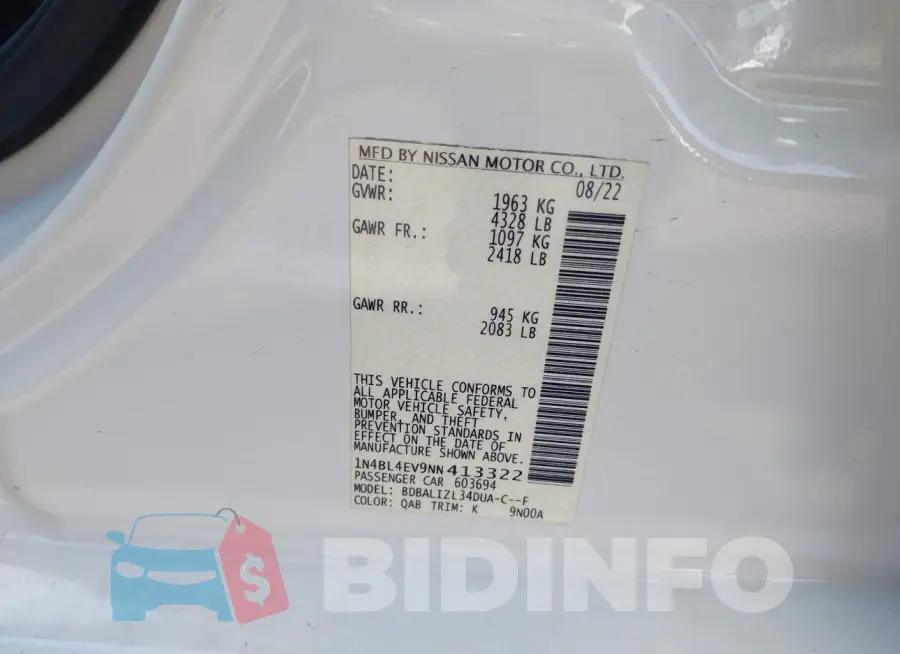 1N4BL4EV9NN413322 Photo# 9