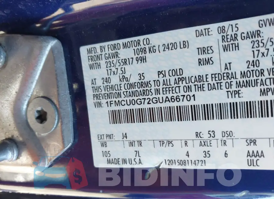 1FMCU0G72GUA66701 Photo# 9