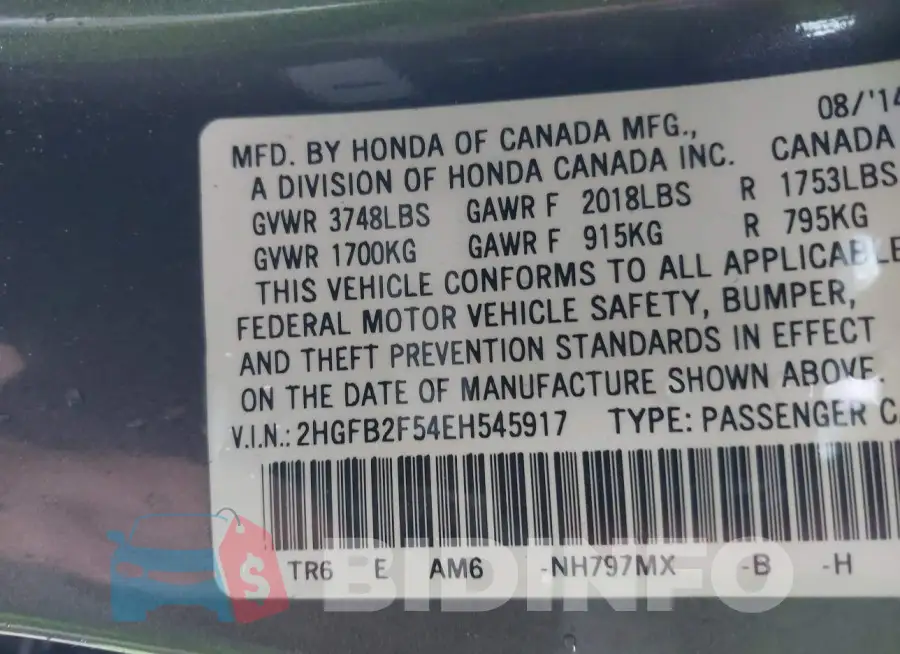 2HGFB2F54EH545917 Photo# 9