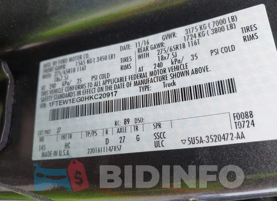 1FTEW1EG0HKC20917 Photo# 9