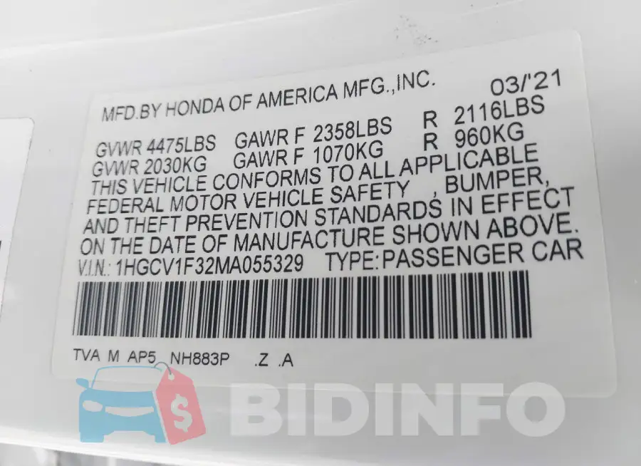 1HGCV1F32MA055329 Photo# 9