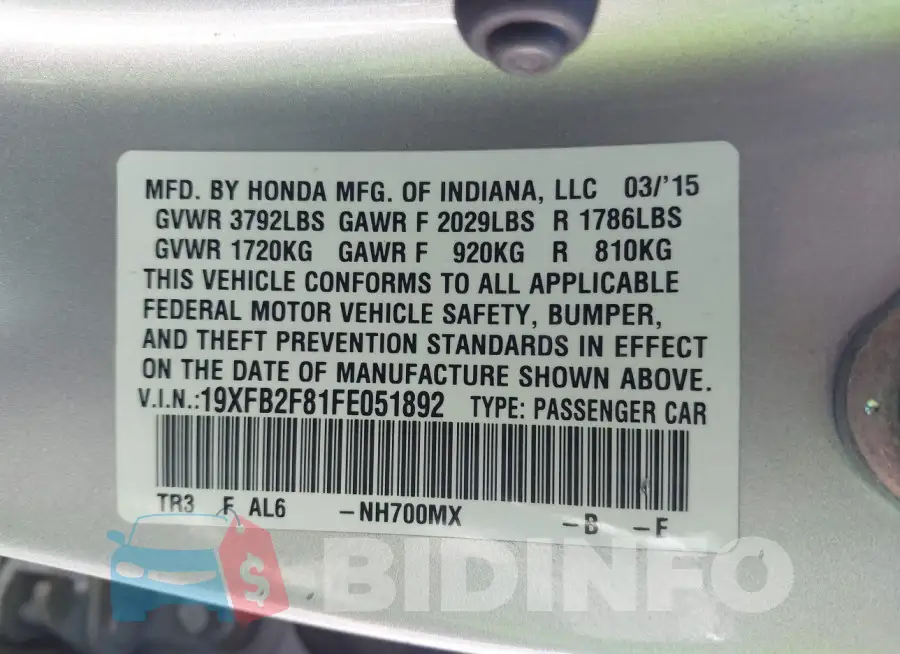 19XFB2F81FE051892 Photo# 9