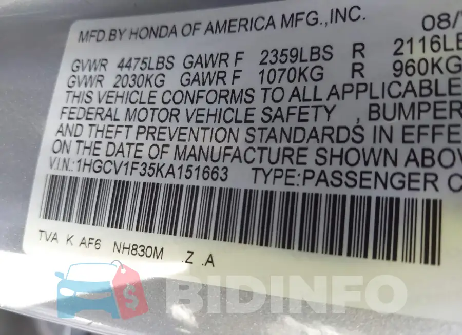 1HGCV1F35KA151663 Photo# 9