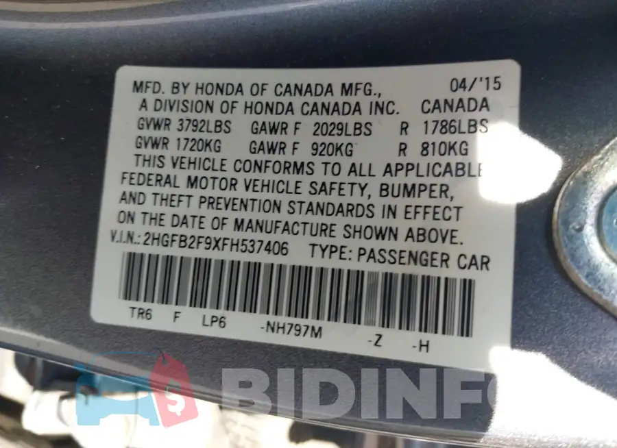 2HGFB2F9XFH537406 Photo# 8
