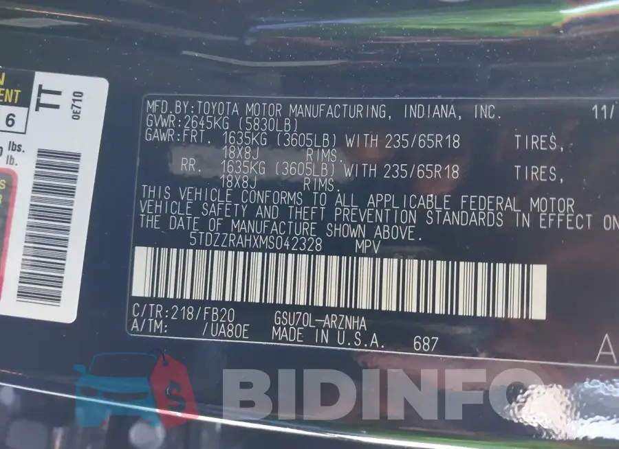5TDZZRAHXMS042328 Photo# 9
