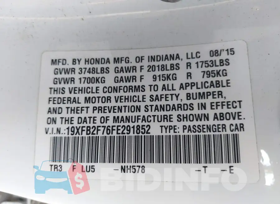 19XFB2F76FE291852 Photo# 9
