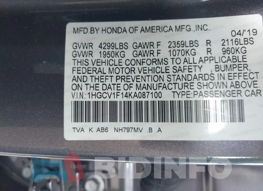 1HGCV1F14KA087100 Photo# 9