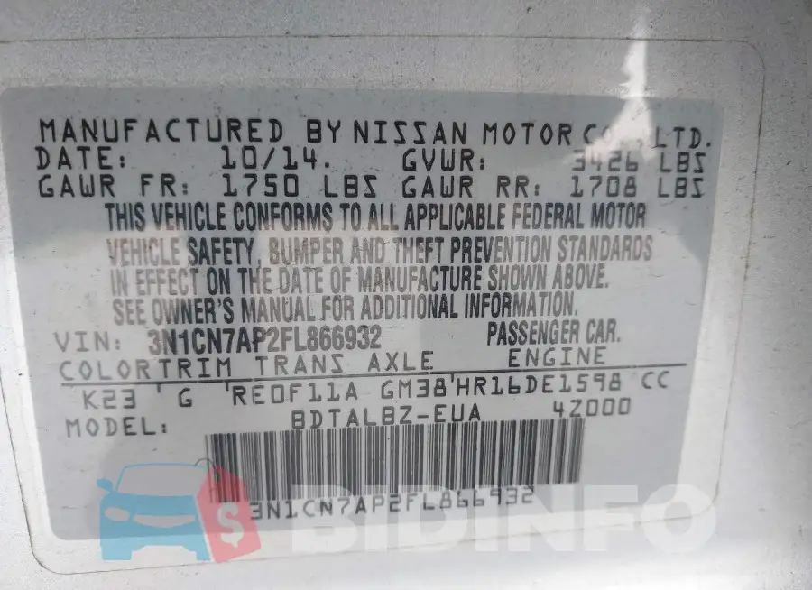 3N1CN7AP2FL866932 Photo# 9