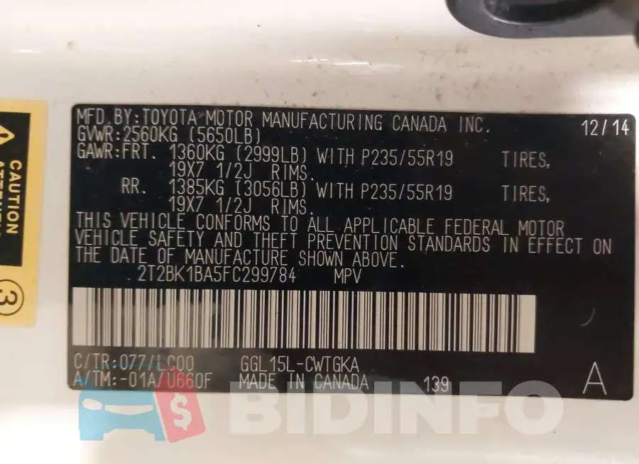 2T2BK1BA5FC299784 Photo# 9