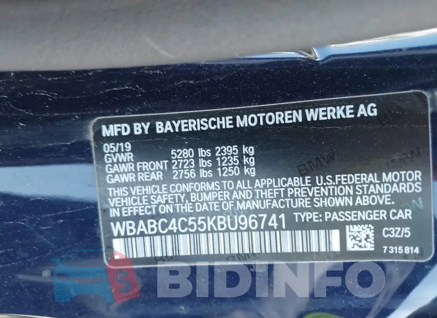 WBABC4C55KBU96741 Photo# 9